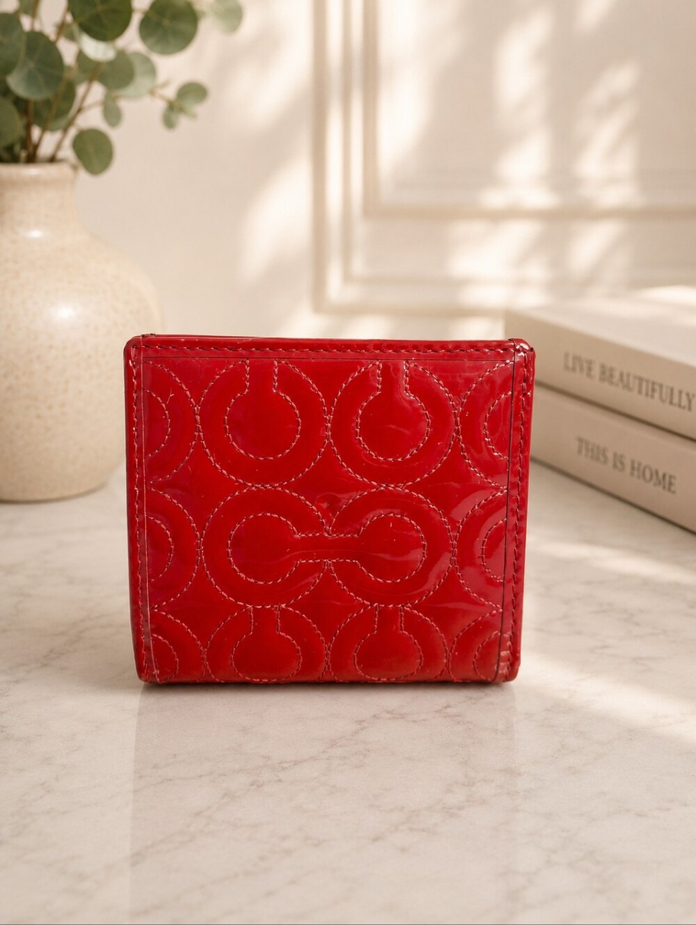 Coach Red Patent Leather Signature Compact Bifold Wallet Y2K Vintage